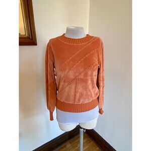 Fashion Tree VTG Orange Velour Velvet Sweater Med Banded Braid Stripe Soft 70s